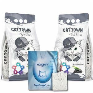 זוג Cat Town חול לחתולים מתגבש בתוספת פחם פעיל + תליון מודיפיי! כולל משלוח עד הבית! - 10 ליטר * 2 יח'