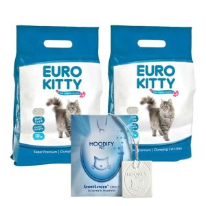 זוג יורו קיטי חול לחתולים מתגבש בניחוח טלק עדין + תליון מודיפיי! כולל משלוח עד הבית! - 10 ליטר * 2 יח'